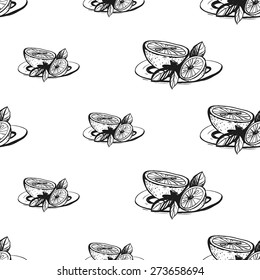 Set of cute hand drawn lemon. Vector illustration. Set of isolated home breakfast decorative elements. Chess grid order black pattern on white background