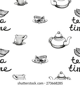 Set of cute hand drawn lemon, teapot, cup, tea. Vector illustration. Set of isolated home breakfast decorative elements. Chess grid order black pattern on white background