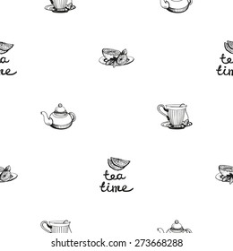 Set of cute hand drawn lemon, teapot, tea, cup. Vector illustration. Set of isolated home breakfast decorative elements. Chess grid order black pattern on white background