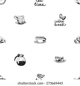 Set of cute hand drawn lemon, teapot, cafetiere, tea, coffee, cup, biscuit. Vector illustration. Set of isolated home breakfast decorative elements. Chess grid order black pattern on white background.
