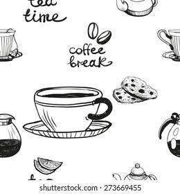 Set of cute hand drawn lemon, teapot, cafetiere, tea, coffee, cup, biscuit. Vector illustration. Set of isolated home breakfast decorative elements. Chess grid order black pattern on white background.
