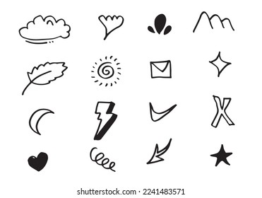 Set of cute hand drawn line scribble expression signs.emoticon effects design elements, cartoon character emotion symbols.vector illustration.