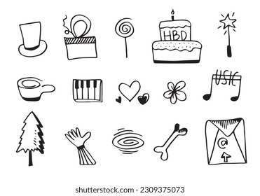 Set von süßen handgezeichnet Linie Skribble Ausdrucksschilder.emoticon wirkt Design-Elemente, Zeichentrickzeichen Emotionen Symbole.Vektorgrafik.