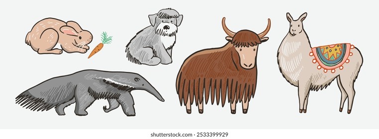 Set of cute hand drawn llama, dog, yak, anteater, hare. Vector illustration.