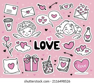 Set of cute hand drawn Love doodle  stickers with cupids, hearts, gifts, love letters, flower ets. Vector illustration. Design for prints, cards, tags, labels. Valentine's day theme collection.