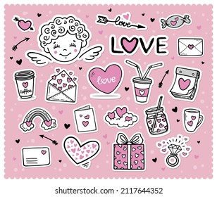 Set of cute hand drawn Love stickers in doodle style with cupid boy, hearts, gifts, love letters, ets. Vector illustration. Design for prints, cards, tags, labels. Valentine's day theme collection.