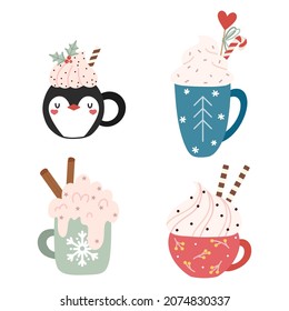 Set of cute hand drawn mugs of hot cocoa and coffee with cream, candy, cinnamon. Flat vector traditional design. Christmas and winter drinks for packaging, card, fabric, label, poster, wrapping paper.