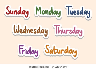 Set of Cute Hand Drawn of Name of the Day of the Week Sticker. Hand Lettering Colorful Sunday, Monday, Tuesday, Wednesday, Thursday, Friday, Saturday Illustration Vector EPS 10 Collection