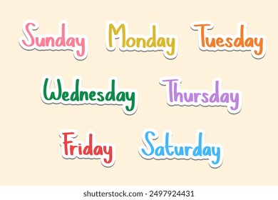Set of Cute Hand Drawn of Name of the Day of the Week Sticker. Hand Lettering Colorful Illustration Vector EPS 10 Collection