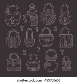 Set of cute hand drawn ornate padlocks. Vector collection