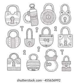 Set of cute hand drawn ornate padlocks. Vector collection