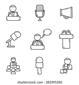 Set of cute hand drawn outline icons on public speaking theme with people, microphones, speakers, tribunes for business presentation, seminar or conference for your design