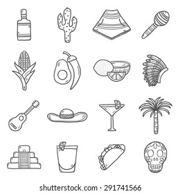 Set of cute hand drawn outline icons on Mexico theme: sombrero, poncho, tequila, coctails, taco, skull, guitar, pyramid, avocado, lemon, chilli pepper, cactus, injun hat, palm. Isolated national