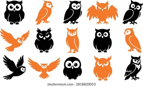 Set of cute hand drawn owl illustrations in black and orange colors on a white background