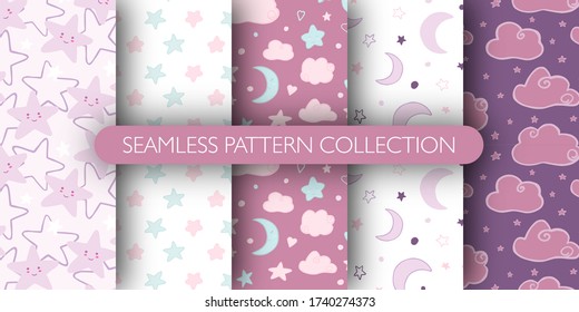 Set of cute hand drawn pattern for baby. Stars, cloud, moon pattern collection. Decorative backdrop for fabric design, textile print, wrapping paper, cover. Vector illustration