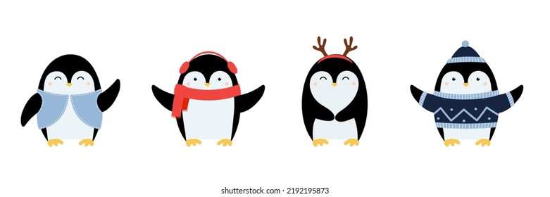 Set of cute hand drawn penguins with accessories. Cartoon character for winter Christmas design. Isolated vector illustration 