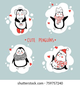 Set with cute hand drawn penguins  - Merry Christmas greetings