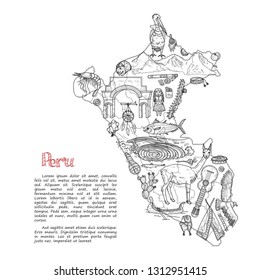 Set of cute hand drawn Peru related icons including map, fish, traditional things and other. Vector travel collection. 