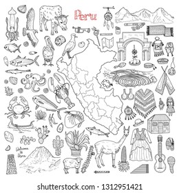 Set of cute hand drawn Peru related icons including map, fish, traditional things and other. Vector travel collection. 