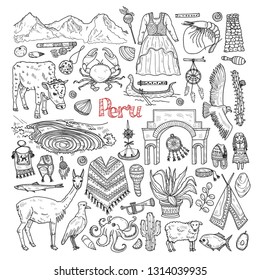 Set of cute hand drawn Peru related icons including fish, traditional things and other. Vector travel collection. 