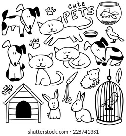 Set of cute hand drawn pets and various elements