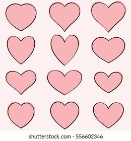 Set of cute hand drawn pink hearts