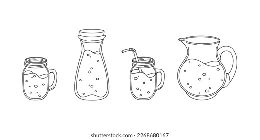 Set of cute hand drawn pitcher, carafe and jars. Vector line illustration. Collection of graphic elements for packaging, print, card, fabric, label, wallpaper, textile, wrapping paper, gift.