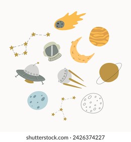 Set of cute hand drawn planets, space bodies and constellations. Doodle collection of outer space elements