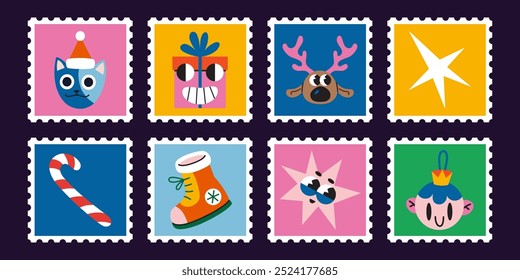 Set of cute hand drawn post stamps with Christmas attributes, groovy characters, gifts, reindeer and festive elements. Trendy modern vector illustartions in bright colors, flat. Funny retro vibes