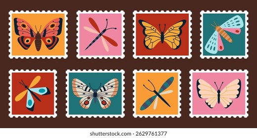 Set of cute hand drawn post stamps with various daytime butterflies and dragonflies. Colorful design for nature themes, kids decor and joyful summer art. Trendy modern vector illustrations, flat