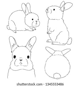 Set of cute hand drawn rabbits on white background. Collection of animal sketches, line art, little animals. Vector illustration of rabbit sketches.