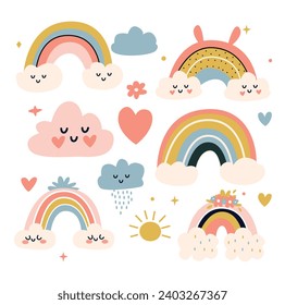 Set of cute hand drawn rainbows and clouds. Vector illustration.