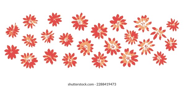 Set of cute hand drawn red and orange daisy flowers. Sketch vector ink textured floral blossoms for pattern design, greeting card decoration, logo