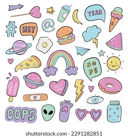 set of cute hand drawn retro doodles, clip art, cartoon stickers, etc. Good for prints, cards, planners, sublimation, signs, icons, etc. EPS 10