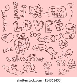 Set of cute hand drawn romantic things