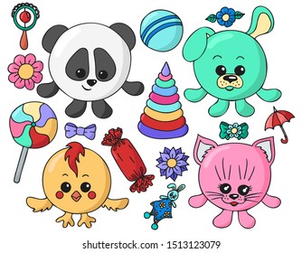 Set of cute hand drawn round animals (panda, dog, chicken, cat), flowers and baby toys in doodle style. Colorful isolated flat cartoon vector illustration