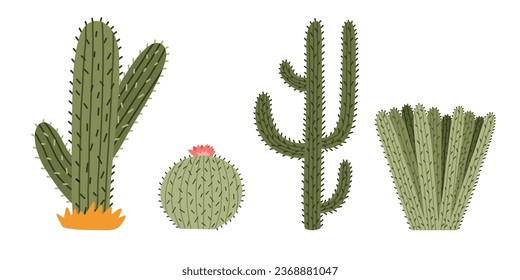 Juego de lindos cactus saguaro dibujados a mano de México o desierto del Lejano Oeste. Flor de cactus vectorial simple con espinas al estilo de las caricaturas. Planta exótica espinosa mexicana aislada en fondo blanco.