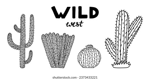 Set of cute hand drawn saguaro cactus from Mexico or Wild West desert. Vector simple cacti flower with thorns in cartoon style. Mexican spiny exotic plant isolated on white background.