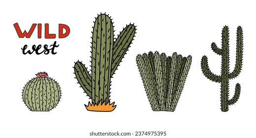 Set of cute hand drawn saguaro cactus from Mexico or Wild West desert. Vector simple cacti flower with thorns in cartoon style. Mexican spiny exotic plant isolated on white background.