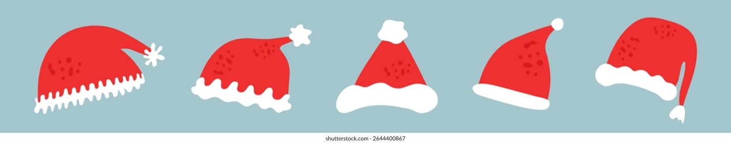 Set of cute hand drawn Santa Claus hats. Vector.