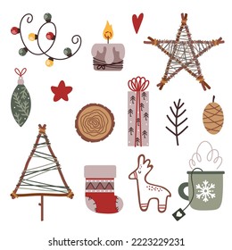 Set of cute hand drawn Scandi style holiday decor. Trendy Nordic winter collection. Cozy Christmas vector illustrations for packaging, print, card, fabric, label, wallpaper, textile, wrapping paper.