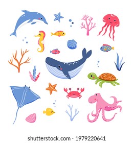 Set of cute hand drawn sea animals and coral reef inhabitants in cartoon style. Isolated on white background vector kawaii characters - blue whale, octopus, jellyfish, turtle, seahorse, crab, seashell
