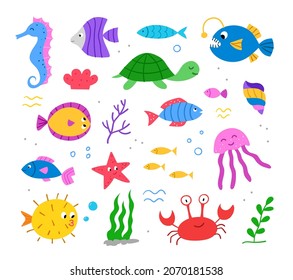 Set with cute hand drawn sea animals. Marine life. Vector flat illustration.