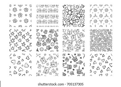 Set of cute Hand drawn seamless patterns isolated on white.Endless vector primitive backgrounds for textiles, fabrics, wallpapers and etc. Stylish monochrome doodles. Vector illustration.