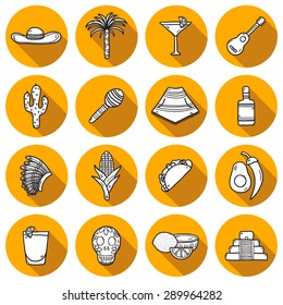 Set of cute hand drawn shadow outline icons on Mexica theme: sombrero, poncho, tequila, coctails, taco, skull, guitar, pyramid, avocado, lemon, chilli pepper, cactus, indian hat, palm. Isolated