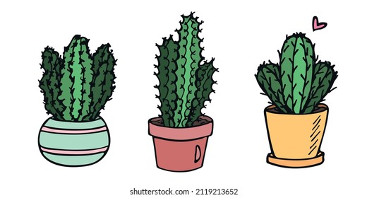 Set of cute hand drawn simple cactus. Houseplant in a pot clipart. Cacti illustration isolated on white background. Cozy home doodle.