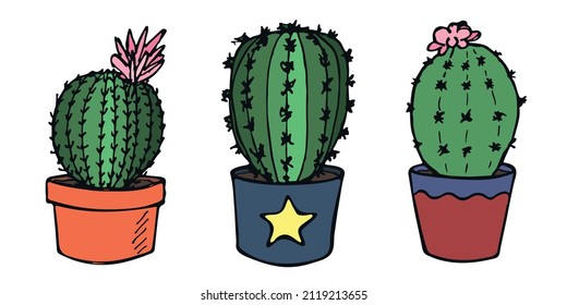 Set of cute hand drawn simple cactus. Houseplant in a pot clipart. Cacti illustration isolated on white background. Cozy home doodle.