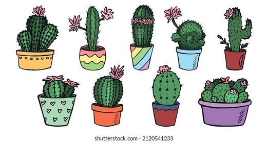 Set von süßen handgezeichnet einfachen Kaktus. Hauspflanze in einem Topf Clip-Art. Kakteen-Illustration einzeln auf weißem Hintergrund. Gemütliches Hausdach.