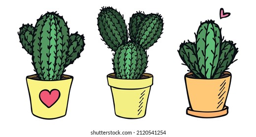 Juego de lindos cactus simples dibujados a mano. Hogar en un clipart de la olla. Ilustración de Cacti aislada en fondo blanco. Cómodo garabato casero.