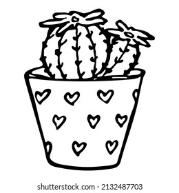Set of cute hand drawn simple cactus. Houseplant in a pot clipart. Cacti illustration isolated on white background. Cozy home doodle.